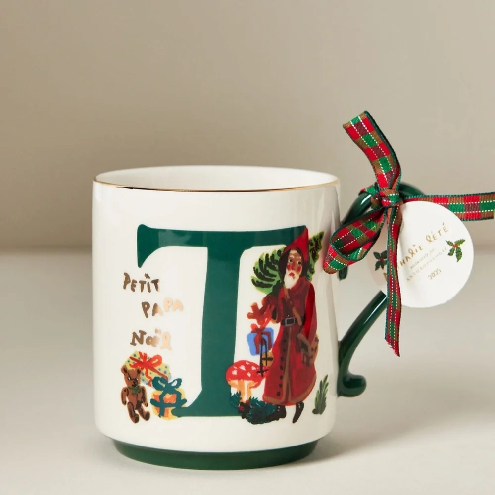 Anthropologie Nathalie Lete Stoneware Holiday Monogram Mug